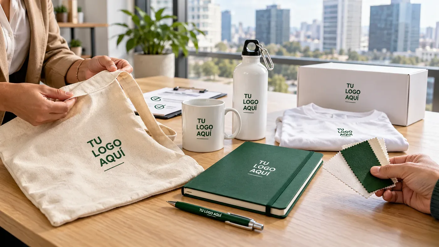 Cómo elegir una empresa de merchandising en Lima: revisión de muestras de tote bag, taza, tomatodo, libreta y polo con logo