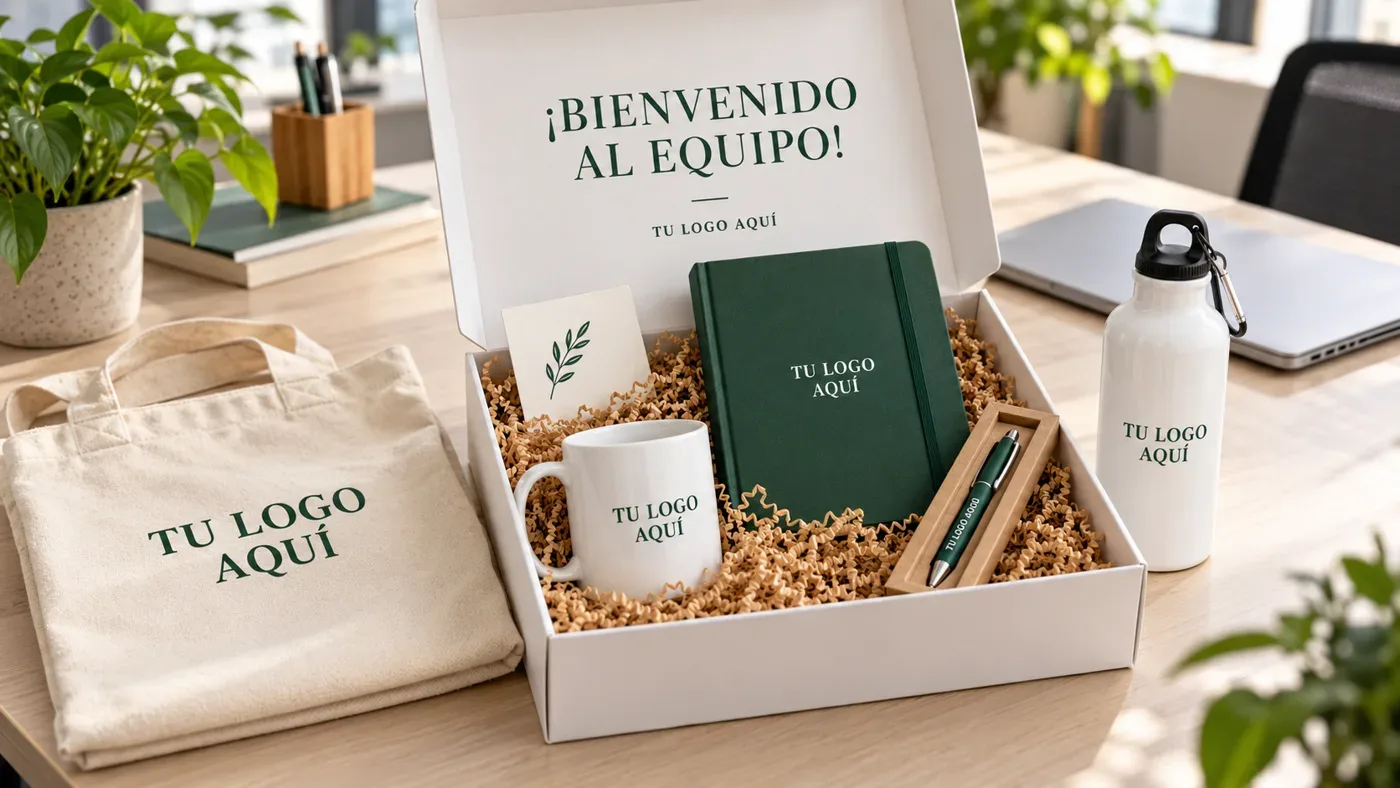 Kit de bienvenida para colaboradores: caja con taza, libreta, lapicero, tomatodo y tote bag personalizados