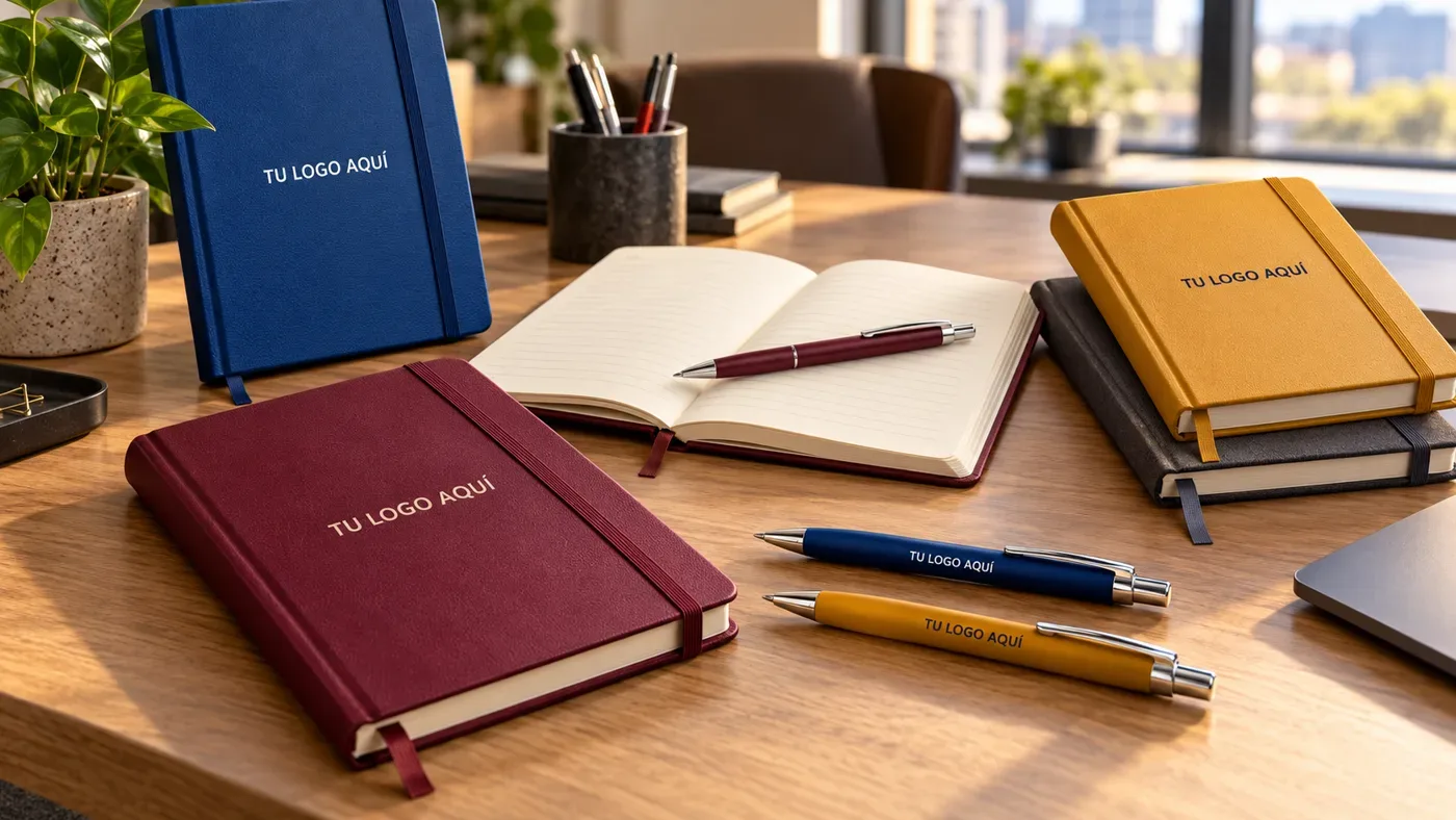 Libretas y lapiceros personalizados con logo en varios colores