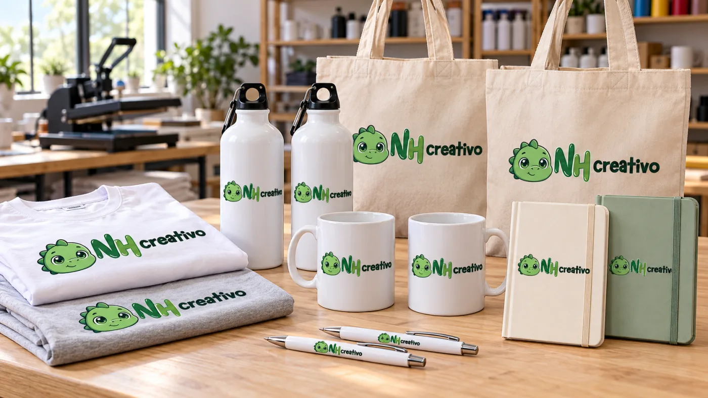 Merchandising en Lima, Perú: tazas, tomatodos, polos, libretas y bolsas con logo personalizados por NH Creativo