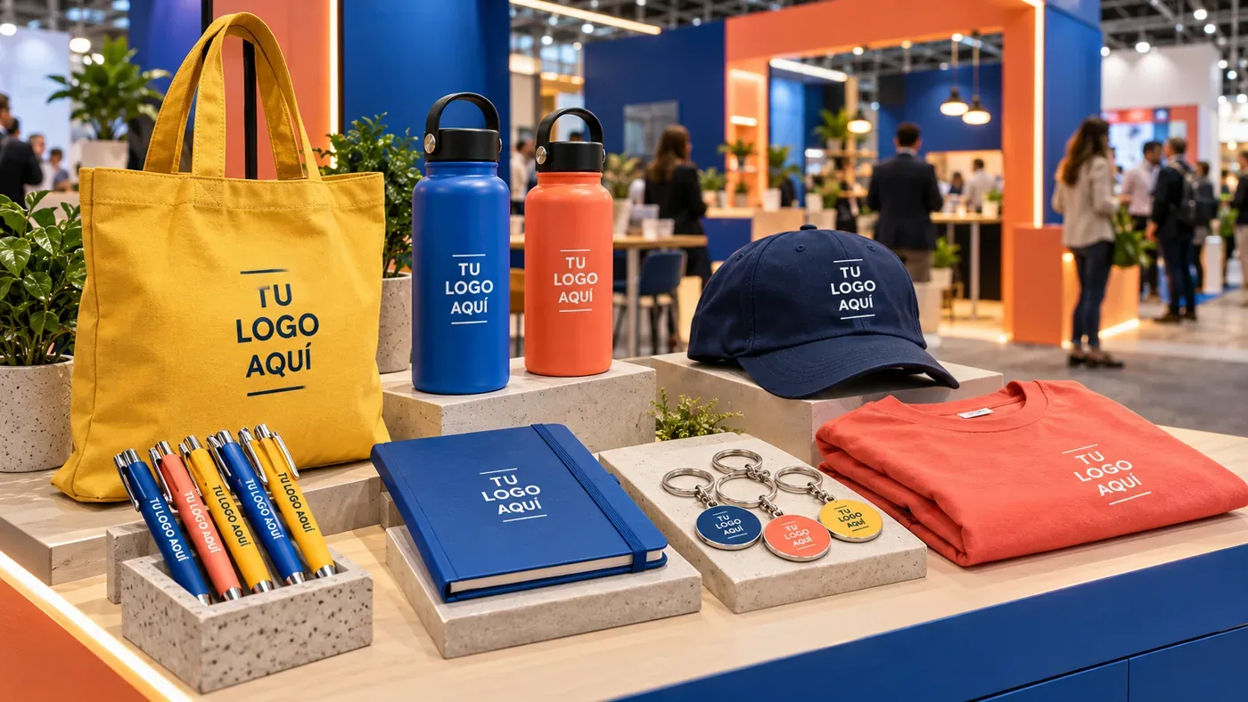 Merchandising para eventos y ferias: tote bag, tomatodos, gorra, libreta, lapiceros, llaveros y polo con logo en un stand