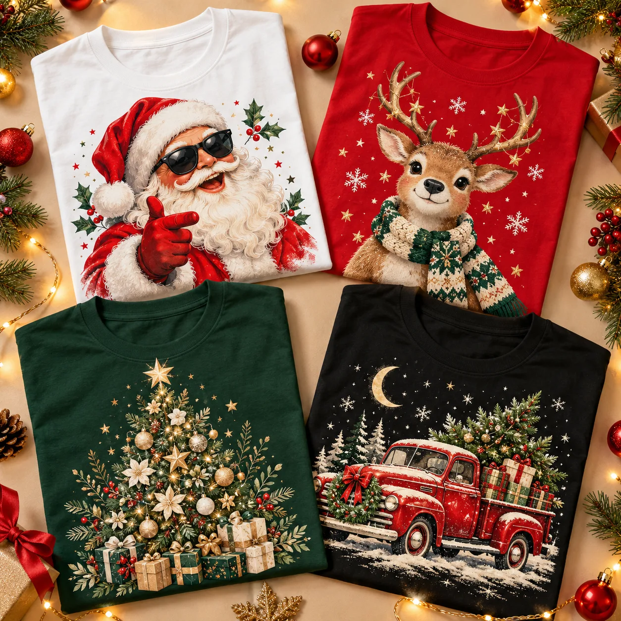 Modelos de polos navideños blancos, rojos, verdes y negros con diferentes estampados de Navidad