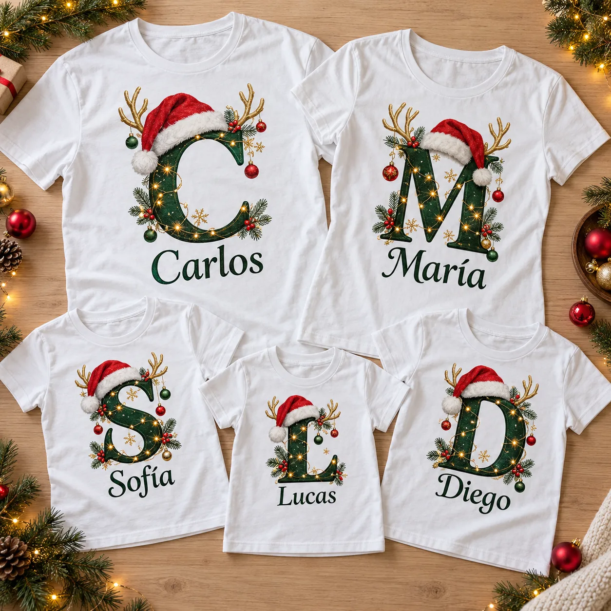 Polos navideños familiares blancos personalizados con nombres, iniciales y adornos de Navidad