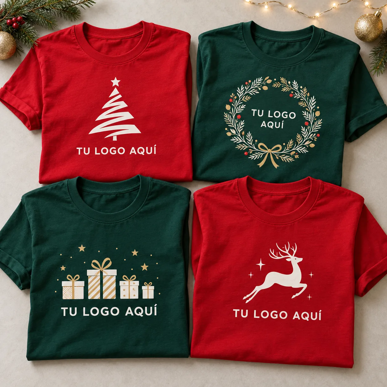Polos navideños corporativos rojos y verdes personalizados con logos para empresas