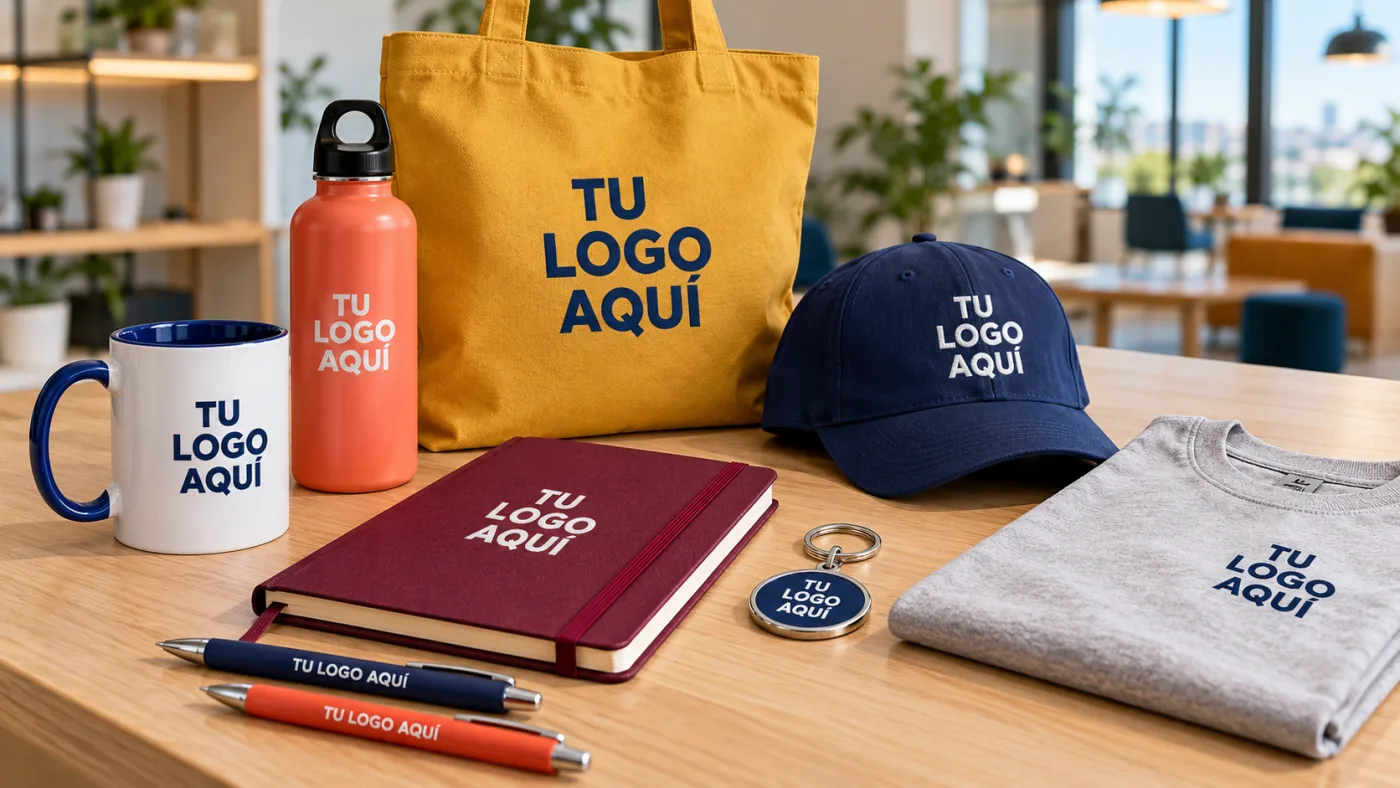Productos de merchandising personalizados con logo: taza, tomatodo, libreta, lapicero y polo de NH Creativo