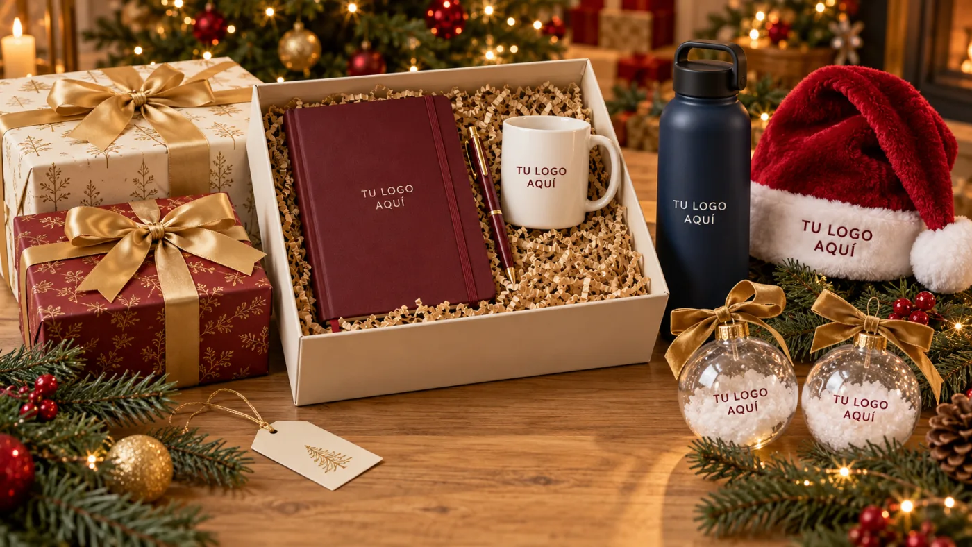 Regalos corporativos para Navidad 2026: kit en caja personalizada con tomatodo, taza, libreta y esferas navideñas con logo