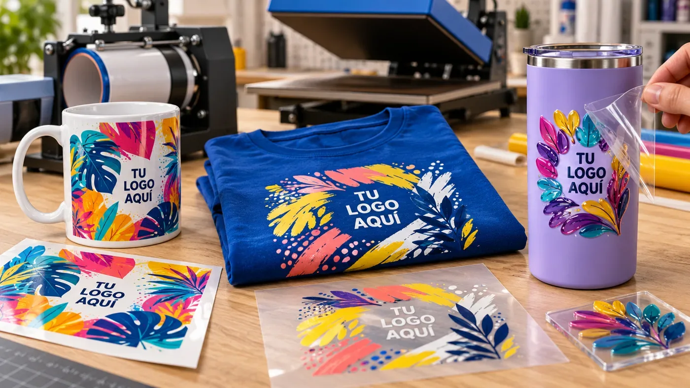 Sublimación, DTF y DTF UV: taza sublimada, polo con DTF y vaso con DTF UV