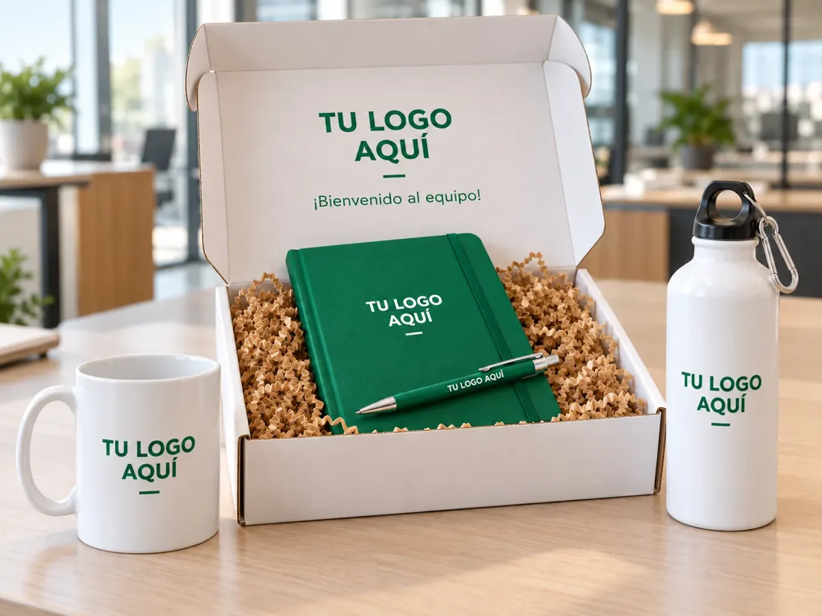 Kit de bienvenida para colaboradores: caja personalizada con libreta, lapicero, taza y tomatodo con logo