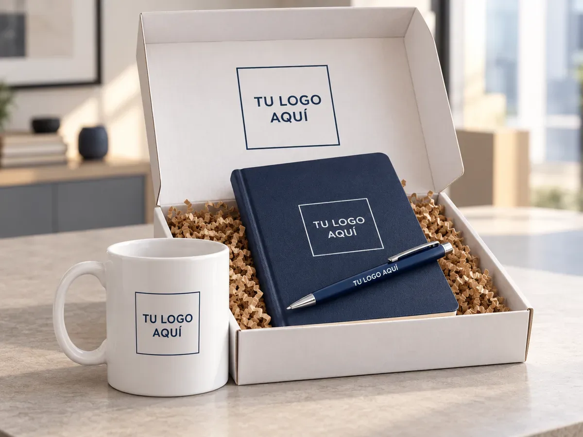Bienvenida de colaboradores: piezas útiles para el escritorio y el día a día, presentación en caja con tu marca, para ingresos individuales o por grupos — productos personalizados con tu logo