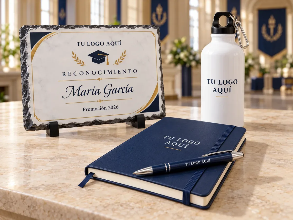 Merchandising institucional: piezas para estudiantes, personal o invitados, reconocimientos personalizados con nombre, planificación según la fecha de tu ceremonia — productos personalizados con tu logo