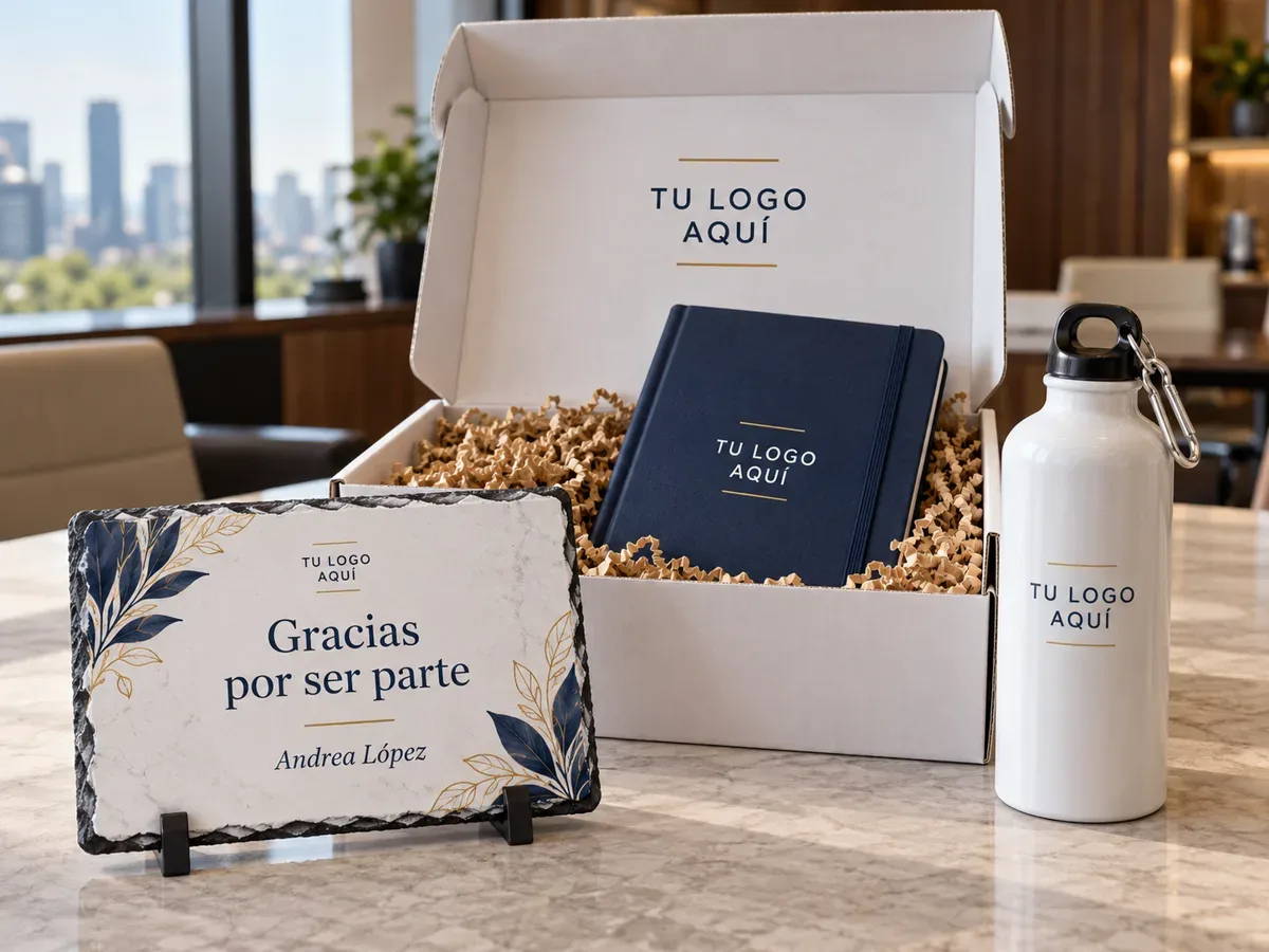Regalos corporativos: opciones ejecutivas y personalizadas, personalización con nombre o mensaje, presentación lista para entregar — productos personalizados con tu logo
