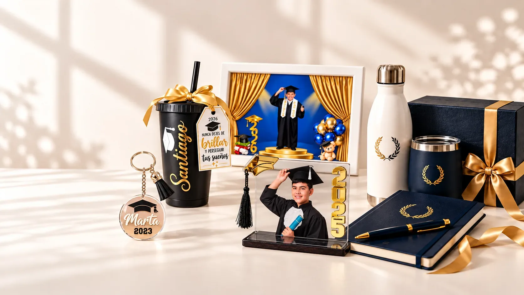 Regalos personalizados de graduación: tomatodo con nombre, llavero acrílico, portarretrato, tomatodo y libreta con logo
