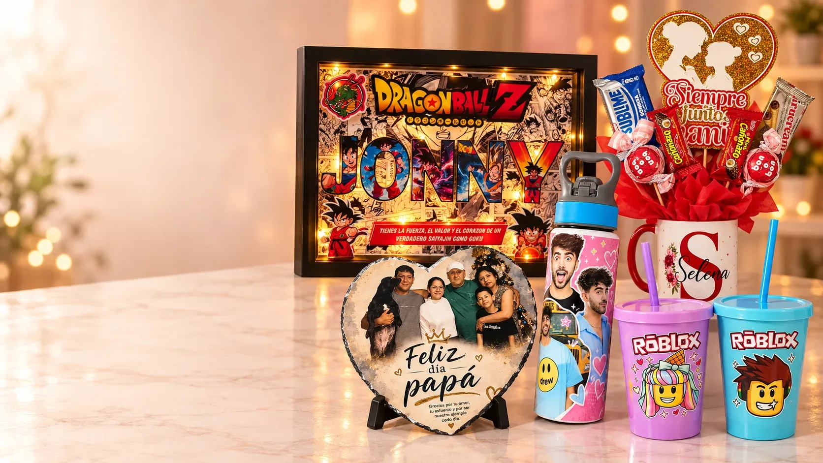Regalos personalizados: foto roca en forma de corazón, cuadro con luces, tomatodo y vasos con diseño